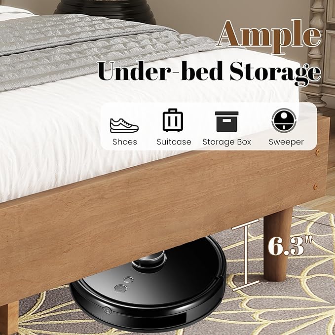 Wood Queen Size Bed Frame with Upholstered Tufted Headboard, Solid Wood Platform Bed,Mid-Century Style,No Box Spring Required, Easy Assembly,Wheat