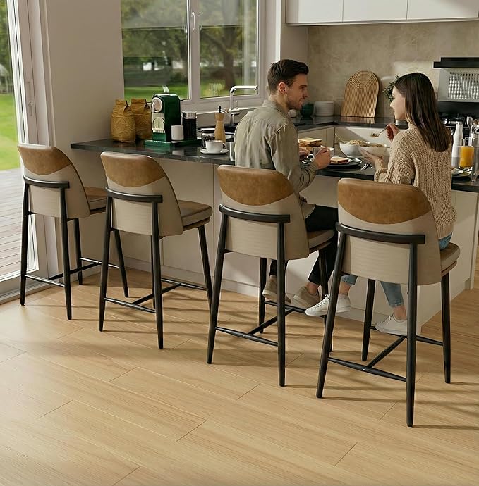 GXJ Bar Stools Set of 6, Upholstered Counter Height Bar Stools, 26 Inch Modern Counter Stools with Back, Textured Leather&Fabric, Metal Legs,Barstools for Kitchen Island Dining Room, Brown