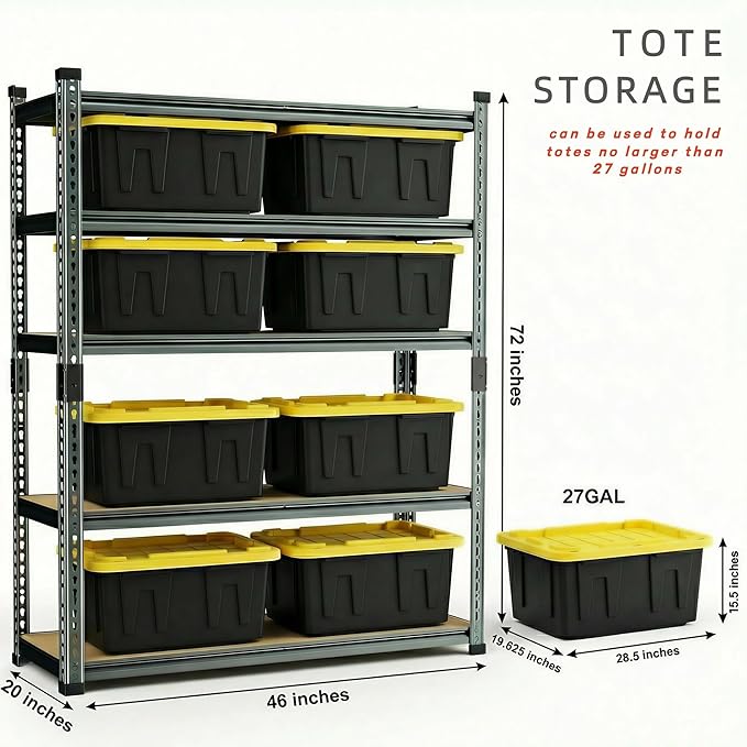 Garage Shelving Heavy Duty, 3000LBS Metal Storage Shelves 5 Tier, Adjustable Shelving Unit 46" W x 20" D x 72" H, Boltless Garage Storage Rack for Garage Basement, Pantry, Warehouse 2Pcs