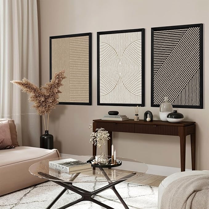 Boho Modern Wall Art Pictures Neutral Abstract Canvas Wall Decor Minimalist Line Wall Art Beige Brown Black Poster Mid Century Painting Artwork for Living Room Bedroom 16x24x3 Inch Wood Framed