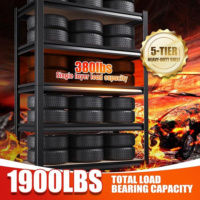 5-Tier Heavy Duty Metal Shelving Units, 71" H x 28" W x 12" D, Adjustable Steel Storage Racks for Garage, Warehouse, Industrial, and Home Organization, 1900 lbs Capacity, 4-Pack