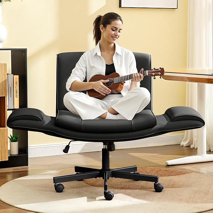 HeroSet Criss Cross Chair with Wheels & Armrests,Comfy Wide Vanity Chair,Scratch-Resistant Pu Leather Cross Legged Desk Chair,Height Adjustable Computer Office Desk Chairs for Home,Makeup,Bedroom