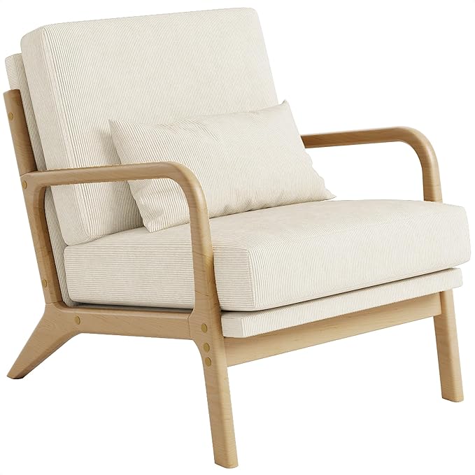Claiks Mid-Century Modern Accent Chair, Living Room Armchair with Solid Wood Frame & Lumbar Pillow, Comfy Upholstered Lounge Chair for Bedroom, Office, Corduroy, Beige