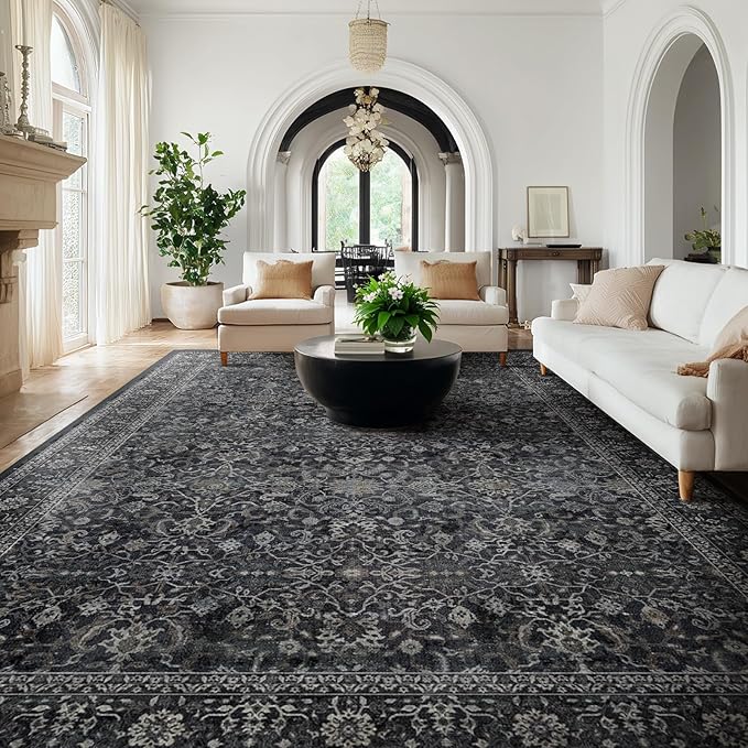 Large Rugs for Living Room 10x14, Vintage Dark Big Area Rug for Bedroom Dining Room, Washable Non Slip Low Pile Thin Room Rug for Dining Room Family Room, Farmhouse Earth Tone Midnight