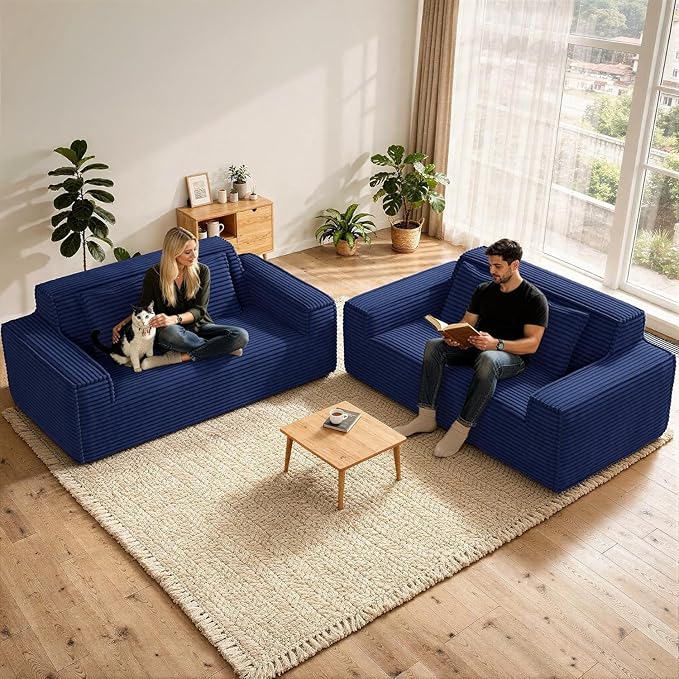 75'' Modern Cloud Loveseat Sofa Set of 2, No Assembly Required Comfy Deep Seat Couches 2 pcs for Living Room, Bedroom, Apartment (Corduroy-Blue)