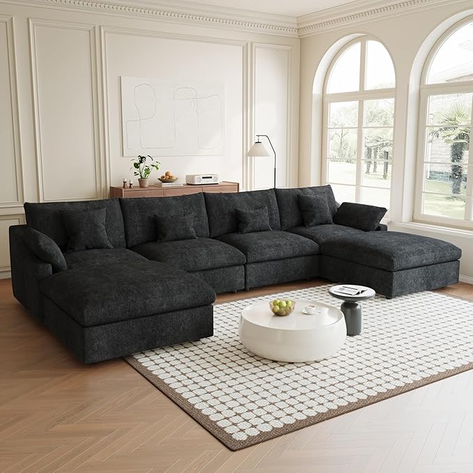 Modular Sectional Sofa Cloud Couch, 155.9" Oversized U Shaped Couch with Chaise Ottomans, Modern Minimalist Deep Seat Couches for Living Room, Sofa Covers Washable&Removable, Black