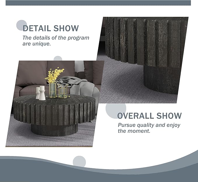 Round Wood Coffee Table for Living Room Modern Rustic Fluted Solid Wood Coffee Table Pedestal Center Table Circle Tea Tables for Apartment Easy Assembly(31.5''Antique Black)