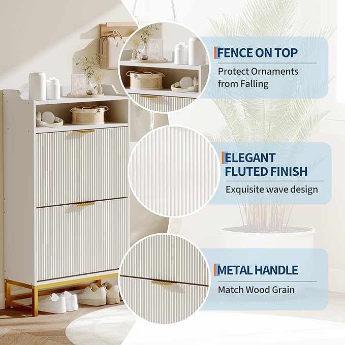 IDEALHOUSE Modern Shoe Cabinet with 2 Flip Drawers & Open Storage Shelf,Shoes Rack with Adjustable Levels,Gold Metal Handles&Fluted Panel for Entryways, Hallways, or Living Rooms(White Color)