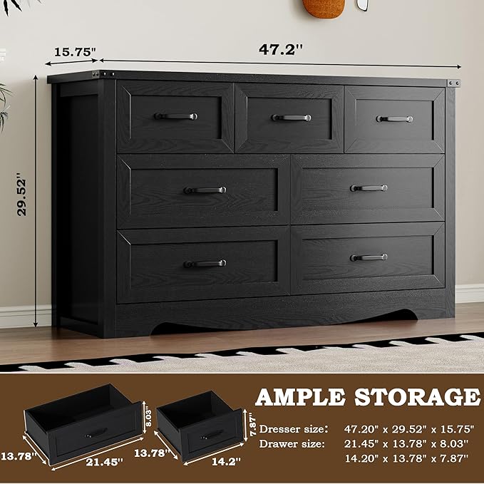 BORNOON 7-Drawer Dresser for Bedroom, Modern Wooden Chest of Drawers with Metal Handles, Anti-Tipping Design, Sturdy and Stable Storage Organizer for Living Room, Entryway, Home Office