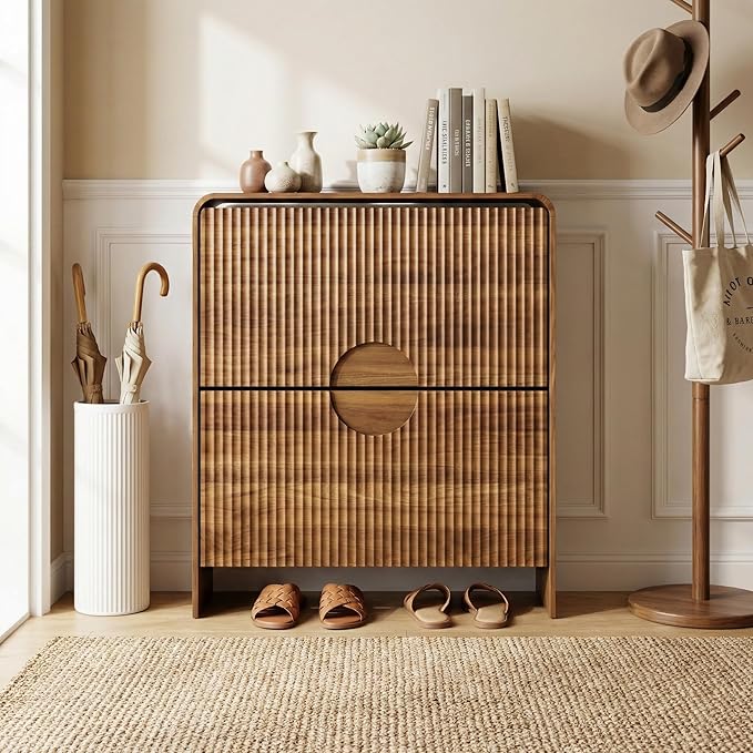 Slim Shoe Storage Cabinet for Entryway, Narrow Shoe Cabinet with 2 Tier Flip Drawers Doors, Fluted Hidden Shoe Rack Organizer for Entrance, Entry Way, Foyer, Hallway, Walnut, Wooden
