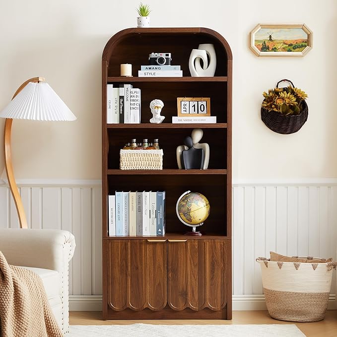 70" Tall Arched Bookshelf with Storage Cabinet Set of 2, Modern 4-Tier Wood Bookcase with Scalloped Doors & Gold Handles, Open Display Shelves for Living Room, Bedroom, or Home Study Office (Walnut)