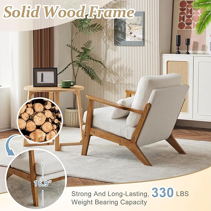 VINGLI Solid Wood Wide Armrests Accent Chair,Upholstered Mid Century Modern Chair with Pillow,Comfy Reading Chair Farmhouse Arm Chair,Chairs Living Room,Bedroom,Guest Room,Teddy Fleece,White