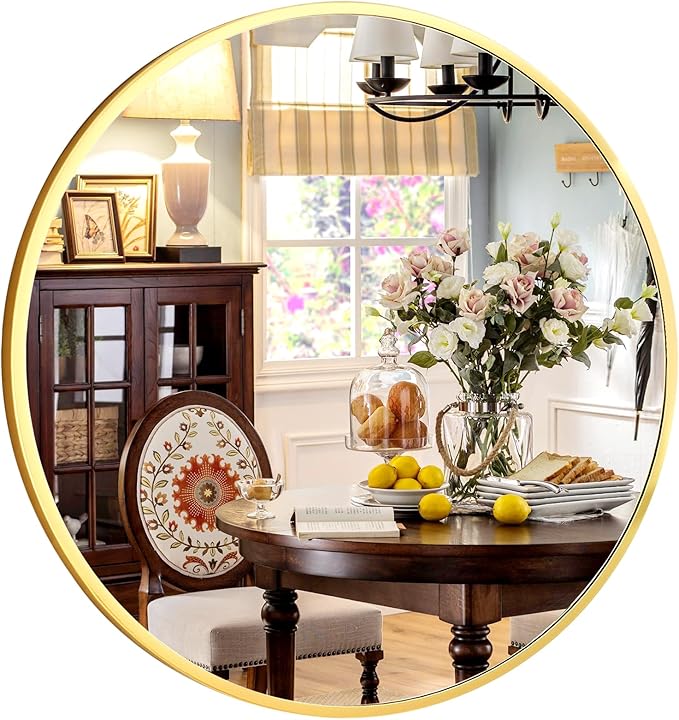 XRAMFY 30 Inch Round Mirror - Circle Mirrors for Bathroom, Entryway and Living Room Wall Decor, Modern Hanging Vanity Mirror, Matte Gold Circle Decorative Wall Mirror