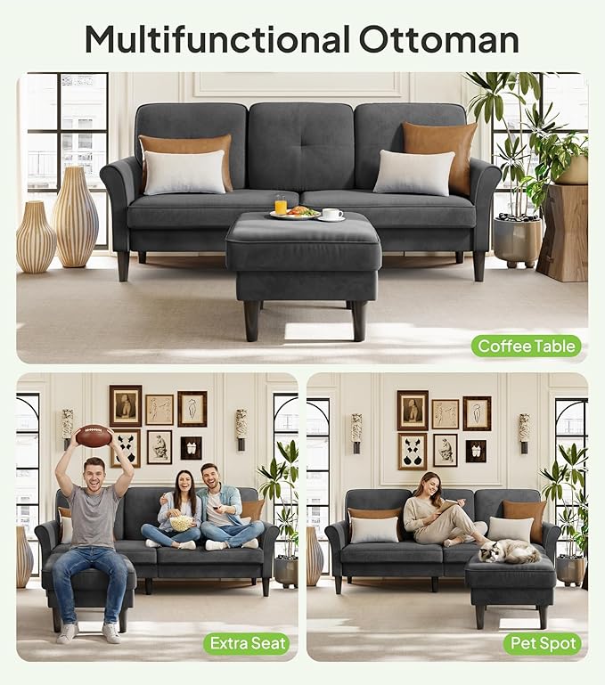 Welzona Sofas for Living Room, 83" Velvet Sectional Couch with Moveable Ottoman, Midcentury Modern Small Sectional Couch, L Shape Sofa & 2 Seater, Couches for Living Room, Apartment, Bedroom