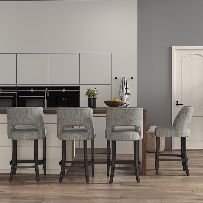 VKNOW Bar Stools Set of 4, 26" Upholstered Counter Height Bar Stools, Modern Counter Stools with Black Legs for Kitchen Island Dining Room Bar, Light Grey-Black Legs