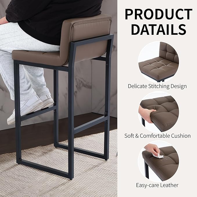 FIRAVOE Bar Height Stools Set of 4, Upholstered Barstools with Back and Thickened Metal Frame, Modern 30-inch Tall Bar Chairs for Kitchen Island, Bar, Counter (Coffee Brown, 4Pcs 30" Bar Stools)