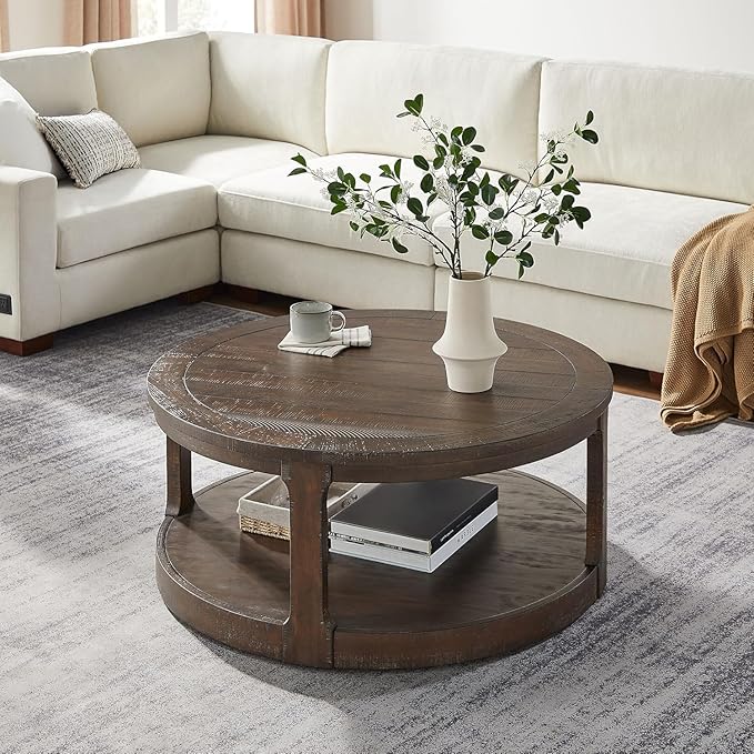 Coffee Table Round Wood 40" Modern Coffee Tables for Living Room Brown Circle Center 2-Tier Solid Desktop Accent with Shelf Storage Minimalistic Design Home Furniture Apartment Office Easy to Assemble