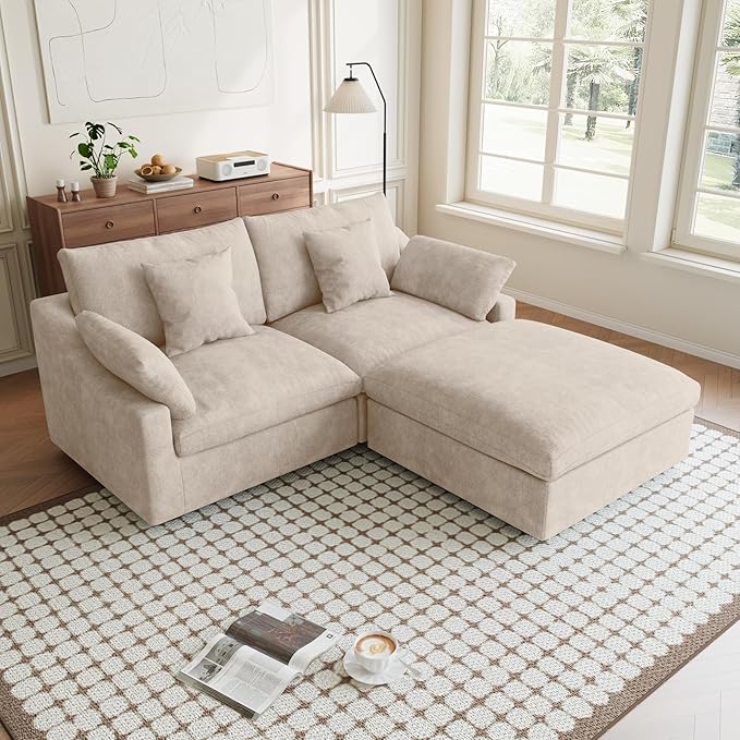 Modular Sectional Sofa Cloud Couch, 82.68" Loveseat Sofa with Chaise Ottoman, Linen Blend Fabric Minimalist Deep Seat Sectional Couches for Apartment Small Space, Khaki Sofa Covers Washable&Removable