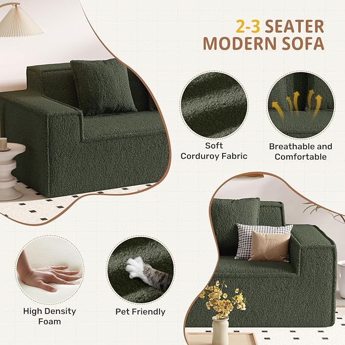 75'' Cloud Loveseat Sofa, No Assembly Required Comfy Deep Seat Couches 1 pcs for Living Room, Bedroom, Apartment(Teddy Fabric-Green)