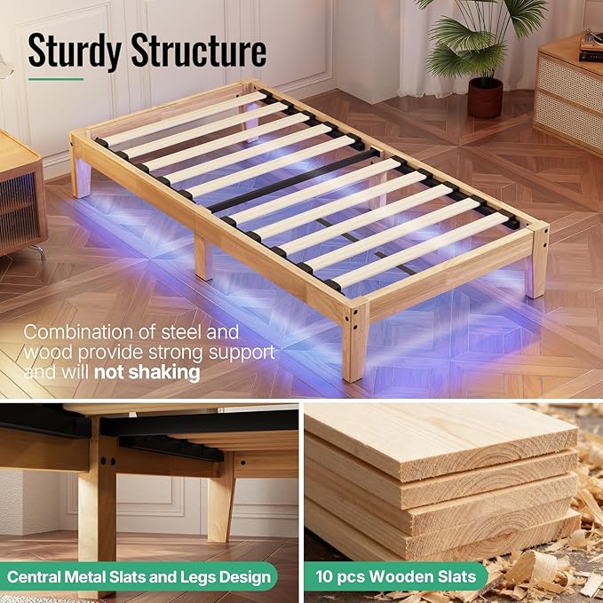 Twin Size Solid Wood Platform Bed with Led Light - Noise-Free Design with Metal and Wood Slat Support, No Box Spring Needed, Easy Assembly, Natural Wood Finish