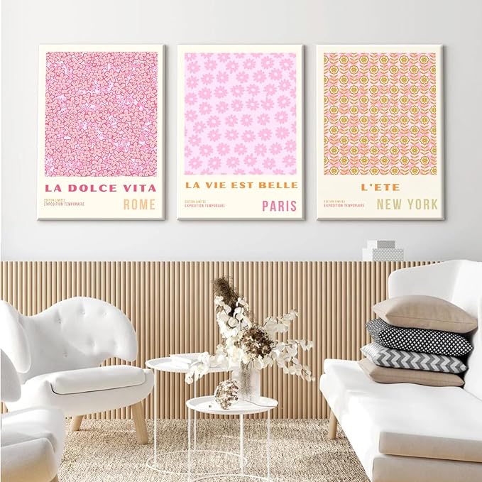 Pink Flower Market Wall Art Decor Aesthetic Abstract Canvas Floral Minimalist Wall Art Pictures Orange Floral Prints Artwork Botanical Flower Poster Colorful Painting 12x16 Inch Framed Set of 3