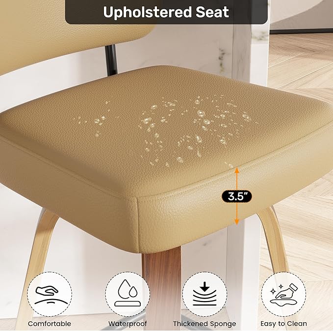 Swivel Bar Stools Set of 2, 26" Upholstered Faux Leather Counter Height Barstools with Walnut Back & Bentwood Legs, Mid Century Modern Bar Chairs Island Stools for Kitchen Counter, Khaki