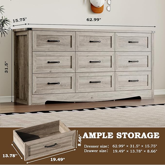 BORNOON 9-Drawer Dresser for Bedroom, Modern Wooden Chest of Drawers with Metal Handles, Anti-Tipping Design, Sturdy and Stable Storage Organizer for Living Room, Entryway, Home Office