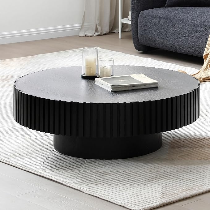 Black Round Coffee Table Pedestal Circle Coffee Table for Living Room Contemporary Fluted Table for Apartment Easy Assembly ø35.43'', Black