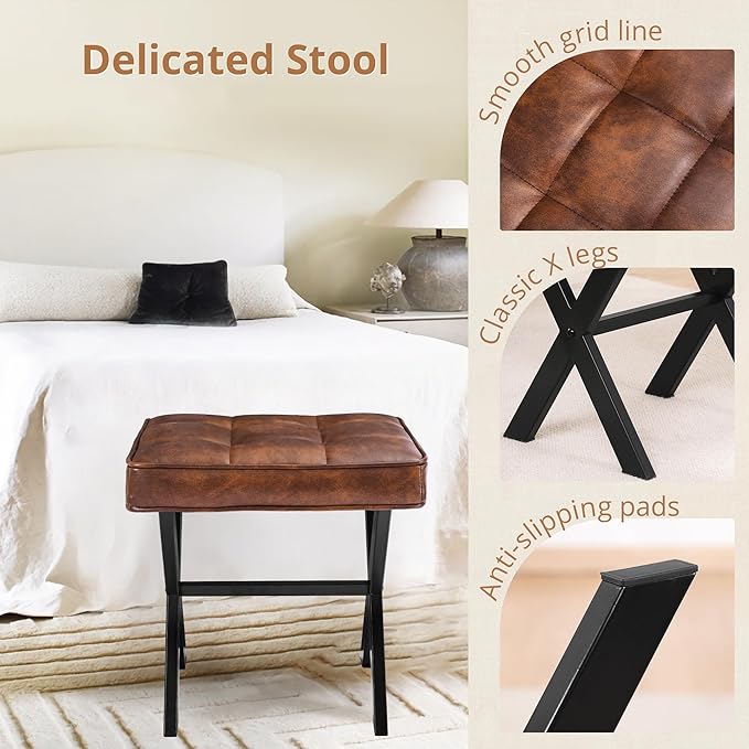 LUE BONA Vanity Stool, Square Faux Leather Makeup Stool with Metal X Legs, Small Ottoman Stool Chair for Vanity, Modern Padded Vanity Seat Foot Rest Stool for Makeup Room, Living Room, Reddish Brown