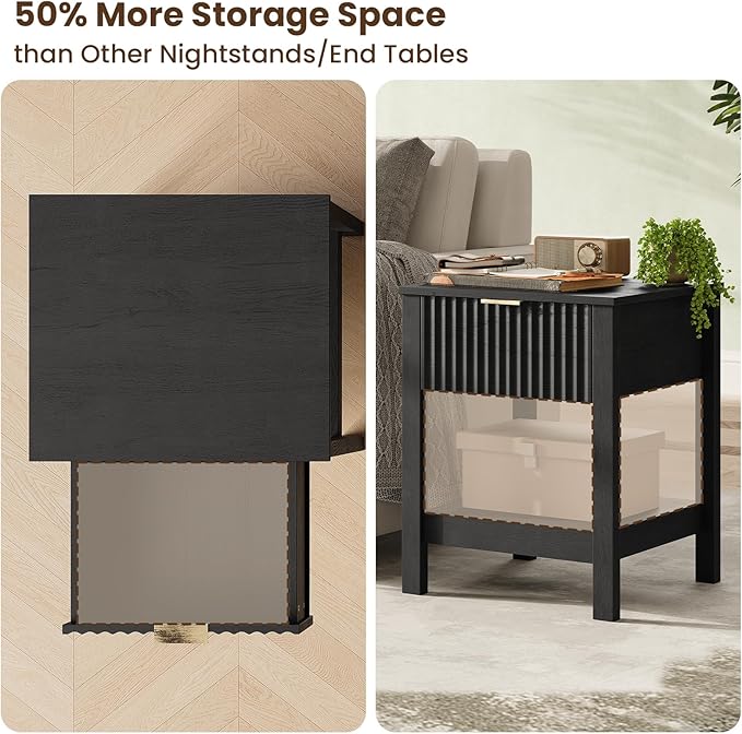 Fluted Night Stand with Golden Handle,Mid-Century Nightstands with Drawer,Modern Bedside Table with Storage Shelf,Large Wood End Tables for Livingroom,Bed Side Tables for Bedroom,Black