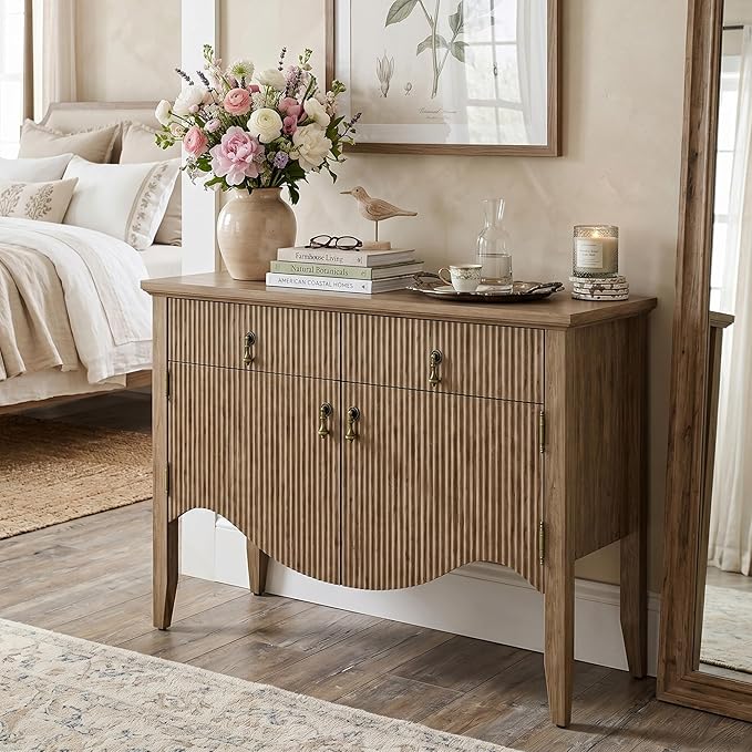 FUSUNBAO 40" Retro Buffet Cabinet with Storage, Fluted Sideboard Credenza with Drawer, Accent Bar Cabinet for Living Room Furniture, Coffee Bar or Entryway, Dining Room, Light Dak