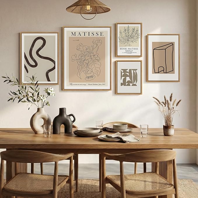 Large Framed Matisse Neutral Wall Art Set of 5, Abstract Beige Modern Minimalist Geometric Floral Canvas Prints for Living Room Bedroom Hallway Home Office