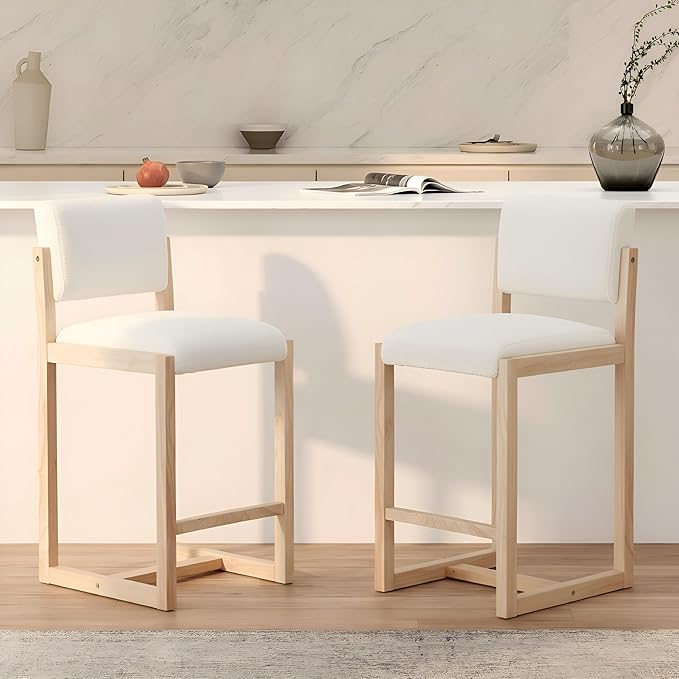 DUOMAY Modern Bar Stools Set of 2, 26" Counter Height Barstools, Sherpa Upholstered Kitchen Island Chair with Wood Legs for Home Bar Coffee Shop, White