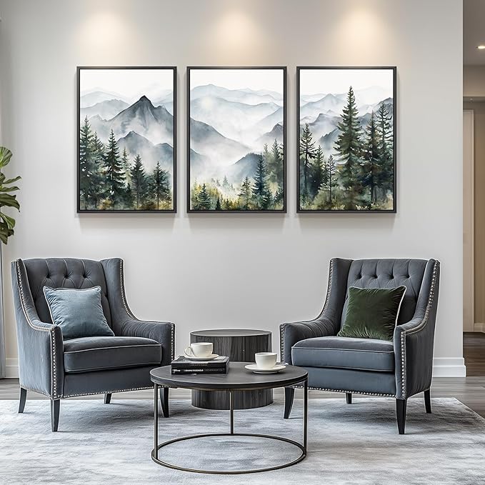 Framed Mountain Landscape Wall Art for Living Room, Large Foggy Forest Watercolor Artwork for Walls, 3 Piece Nature Mountain Forest Paintings Prints for Hallway Office Kitchen Wall Decor, 24x36 Inch