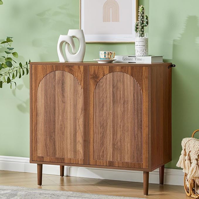 Bifins 31.5” Fluted Sideboard Buffet Cabinet with Storage,Mid Century Modern Small Wood Storage Cabinet with Arched Profile for Dining Room Kitchen Living Room (Walnut 1pc)
