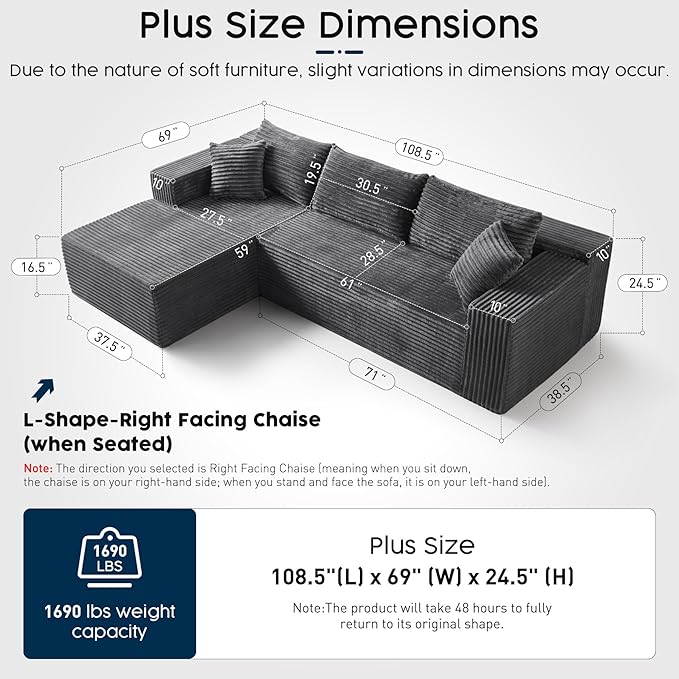 Grey Modular Sectional Couch with 108" L-Shape Chaise, Deep Seat Corduroy Sofa Plush Fabric Cloud-Like Couches for Living Room, No Assembly Modern Minimalist Furniture (Right Facing Chaise)