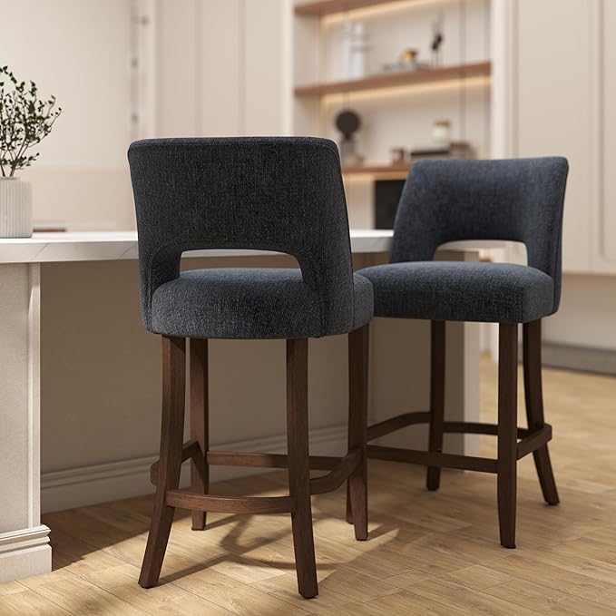 VKNOW Bar Stools Set of 6, 26" Upholstered Counter Height Bar Stools, Modern Counter Stools with Wood Legs for Kitchen Island Dining Room Bar, Navy Blue