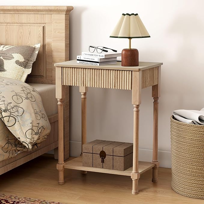 XUZENEST Fluted Nightstand with Charging Station, 23.6” Large Bed Side Table End Table with Drawer, Modern Mid Century Solid Wood Legs Night Stands Bedside for Bedroom Living Room Sofa Office, Natural
