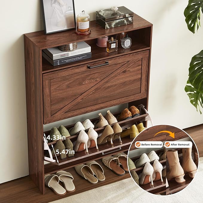 RWYHG Shoe Cabinet Storage for Entryway with 2 Flip Drawers Open Storage Layer Rack Narrow Organizer Slim Hidden Wood Shoe Cabinet Furniture Walnut