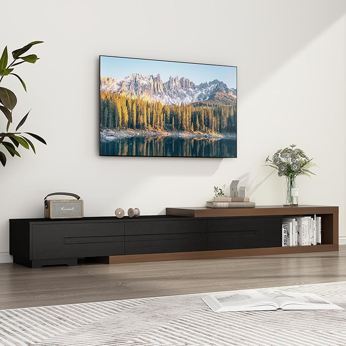 Hlivelood Extendable TV Stand, Modern Entertainment Center for Up to 120 Inch TV, Wood Reversible TV Media Console with 3 Drawers for Living Room Bedroom, 82-110"(Black& Walnut)