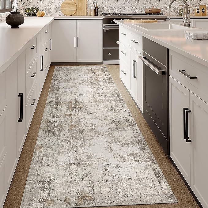 3x8 Washable Runner Rug Brown Grey Abstract Non Slip Soft Low Pile Hallway Kitchen Rug Neutral Modern Carpet for Laundry Bathroom Bedroom Living Room Home Decor
