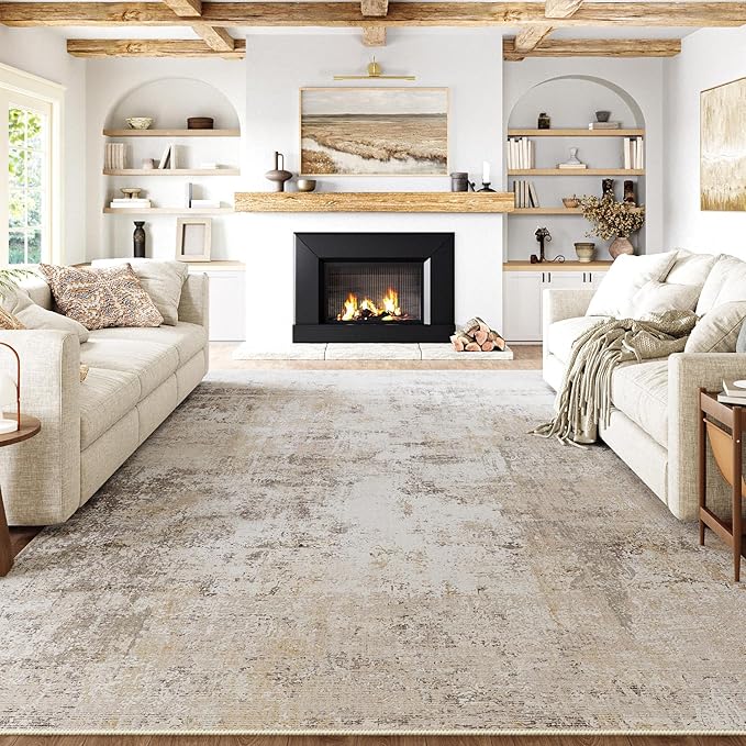 10x12 Washable Area Rug Beige Grey Abstract Non Slip Soft Low Pile Rug for Living Room Bedroom Dining Room Office Neutral Modern Indoor Large Throw Carpet for Home Decor