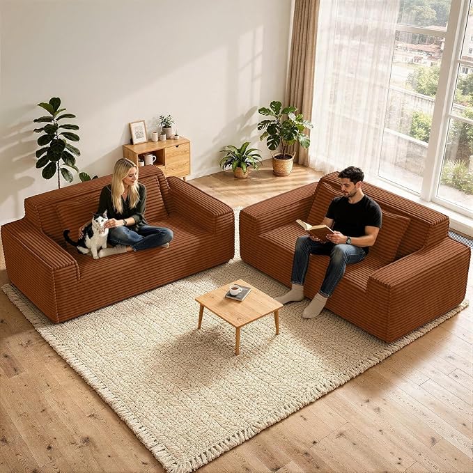 75'' Modern Cloud Loveseat Sofa Set of 2, No Assembly Required Comfy Deep Seat Couches 2 pcs for Living Room, Bedroom, Apartment (Corduroy-Brown)