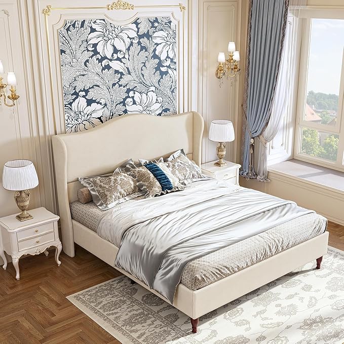 koorlian Full Size Bed Frame Upholstered Platform Bed with 51" Tall Headboard Wingback, Soft Fabric, Retro Simple Style Platform Bed No Box Spring Needed, Easy Assembly, Beige