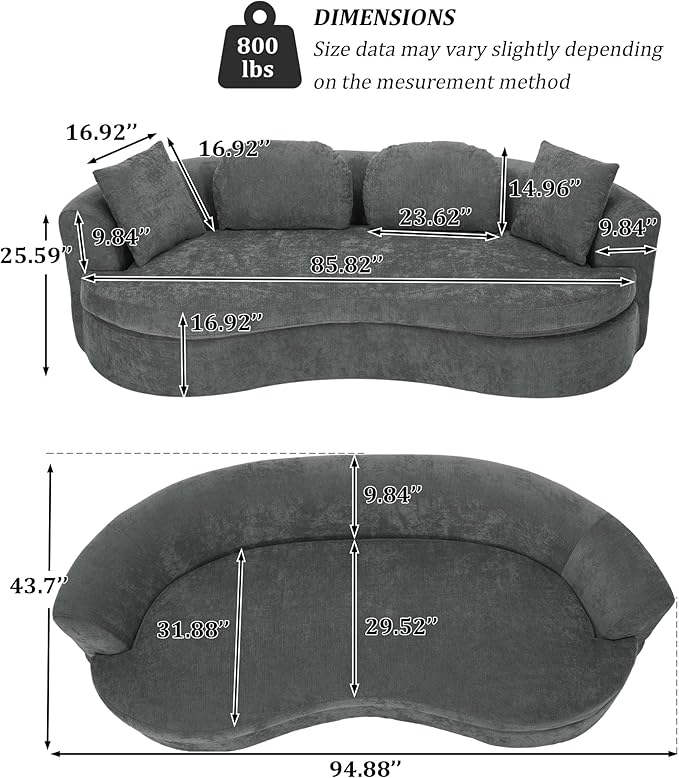95” Modern Curved Sofa, Chenille Fabric Comfy Cloud Couch, No Assembly Required Half Moon Couch with Deep Seat, 4 Pillows for Living Room, Apartment, Bedroom