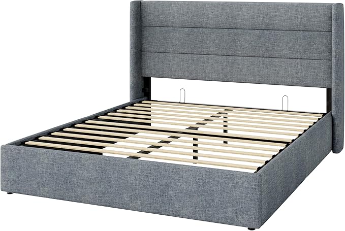 SHA CERLIN Queen Size Lift Up Storage Bed/Modern Wingback Headboard/Upholstered Platform Bed Frame/Hydraulic Storage/No Box Spring Needed/Wood Slats Support/Grey Blue