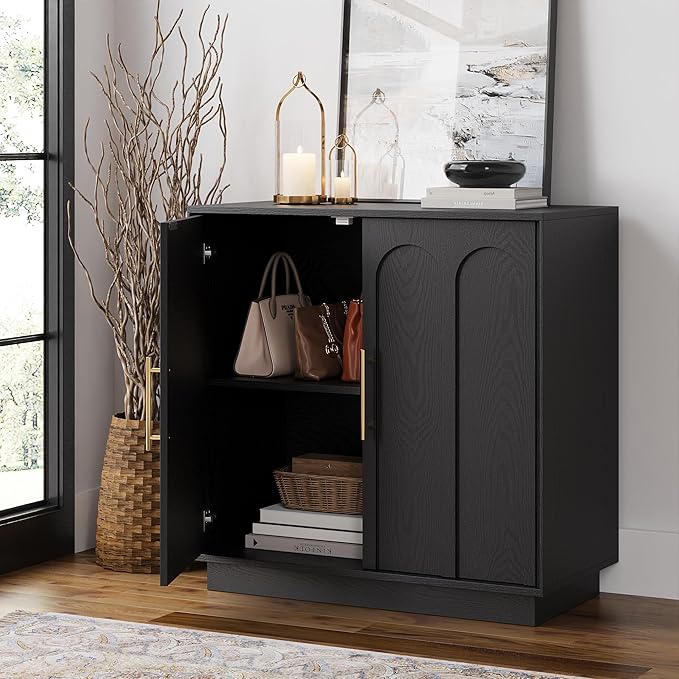 FORTUNETEC Sideboard Buffet Cabinet with Storage Set of 3, Mid Century Modern Accent Cabinet with Arched Doors, Modular Media Console, Credenza for Living Room Kitchen Dining Room Entryway, Black