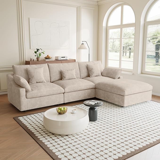 Modular Sectional Sofa Cloud Couch, 119.29" L Shaped Couch with Chaise Ottoman, Linen Blend Fabric Minimalist Deep Seat Sectional Couches for Living Room, Khaki Sofa Covers Washable&Removable