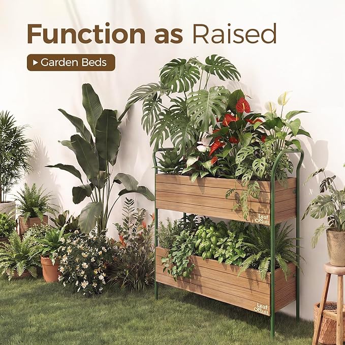 Leaf&lull Raised Garden Bed with Legs Plant Stand Indoor Outdoor Corner Metal Wood Plant Shelf Tiered Plant Holder Ladder Shelf for Patio Balcony Shelving Unit for Live Plants House Decor 2 Tier