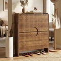 Slim Shoe Storage Cabinet for Entryway, Narrow Shoe Cabinet with 2 Tier Flip Drawers Doors, Fluted Hidden Shoe Rack Organizer for Entrance, Entry Way, Foyer, Hallway, Walnut, Wooden